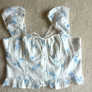 Hollister White and Blue Floral Eyelet Blouse